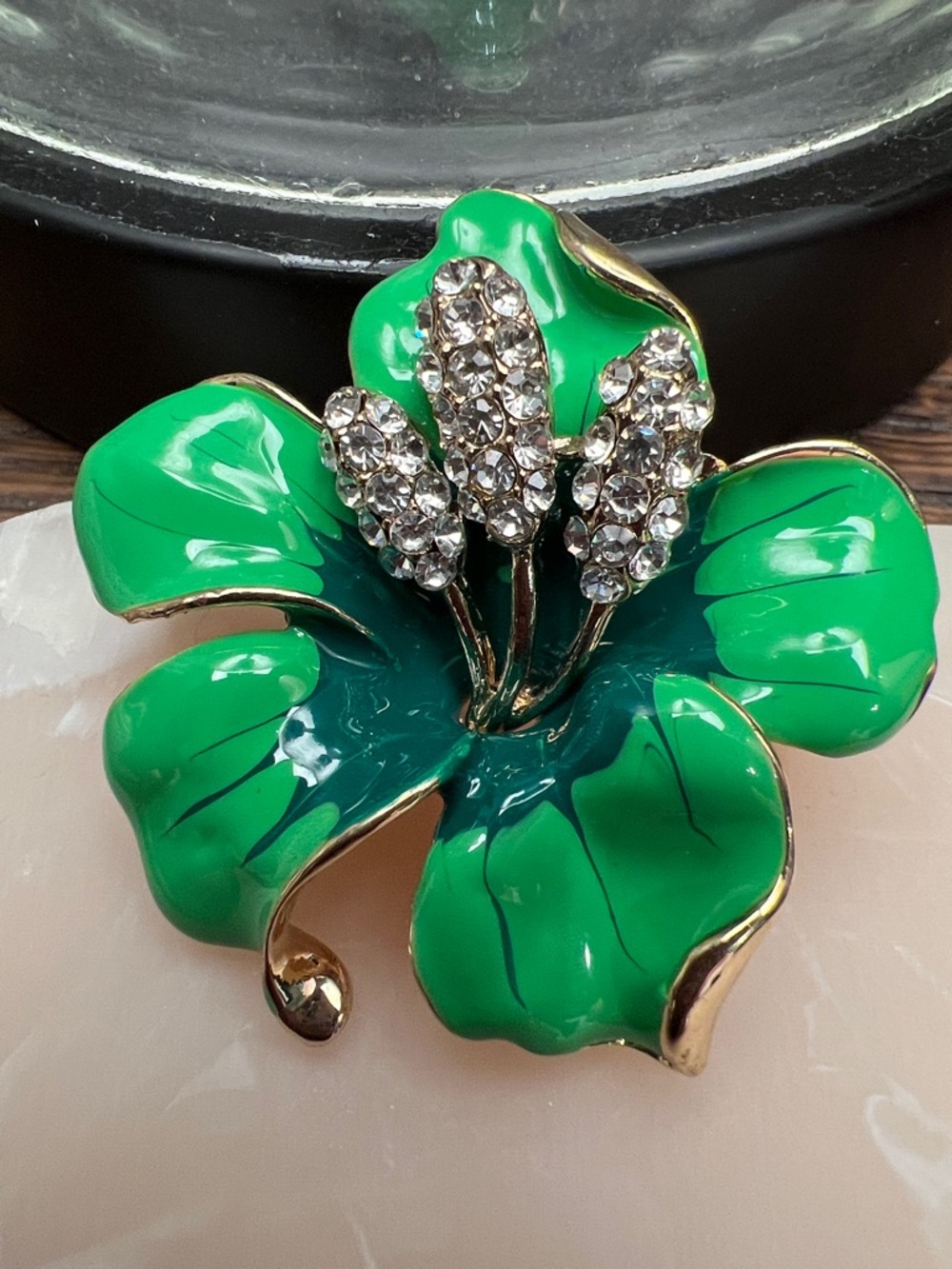 3/$18 Green Enamel Flower Brooch with Crystal Accents Lot 7012